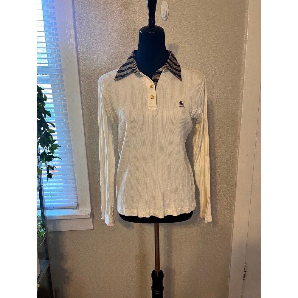 Tommy Hilfiger White Long-Sleeve Button Down Polo with Striped Collar